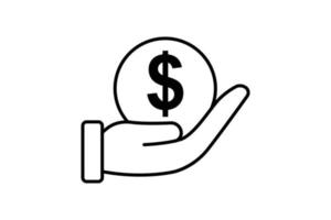 Donation icon illustration. Hand with dollar. Icon related to charity. Line icon style. Simple vector design editable