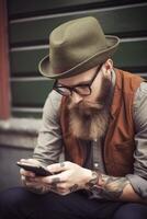 joven masculino hipster mirando a teléfonos inteligentes a ciudad, ai generativo foto