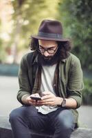 joven masculino hipster mirando a teléfonos inteligentes a ciudad, ai generativo foto