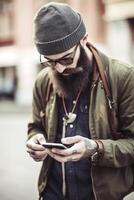 Detail of hipster man with phone, photo