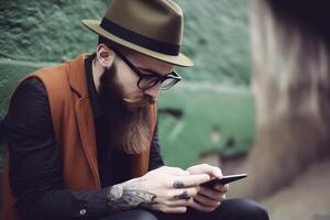 hipster con largo barba lentes y sombrero utilizando su teléfono inteligente en el ciudad, ai generativo foto