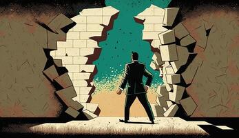 Business concept illustration of businessman insistently looking for way out by breaking the wall. photo