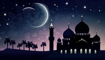 illustration of a mosque, stars, and an Eid Mubarak greeting, representing the celebration of faith during Ramadan and Eid. photo