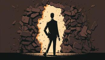 Business concept illustration of businessman insistently looking for way out by breaking the wall. photo