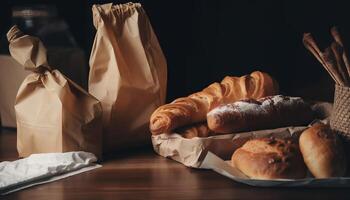 Paper bag with bread and basket of pastry. photo