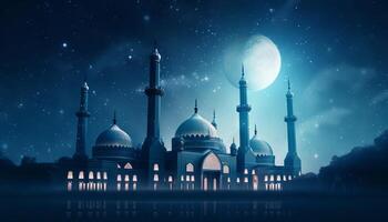 illustration of a mosque, stars, and an Eid Mubarak greeting, representing the celebration of faith during Ramadan and Eid. photo