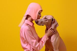 woman with Weimaraner dog in futuristic style photo