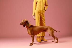 woman with Weimaraner dog in futuristic style photo