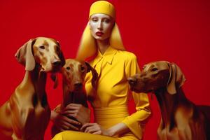 woman with Weimaraner dogs in futuristic style photo