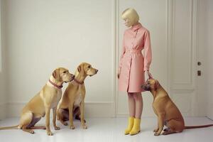 woman with Weimaraner dog in futuristic style photo