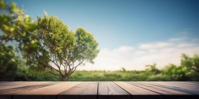 vacío de madera mesa con verde árbol y azul cielo fondo, escritorio de gratis espacio para producto mostrar. creado generativo ai foto