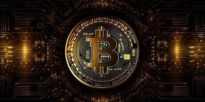 Crypto currency golden bitcoin background, Digital financial investment concept. photo