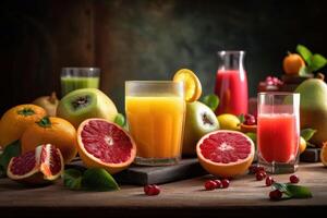Fresco frutas jugo en increíble ligero fondo, sano bebida Rico en vitaminas creado generativo ai foto