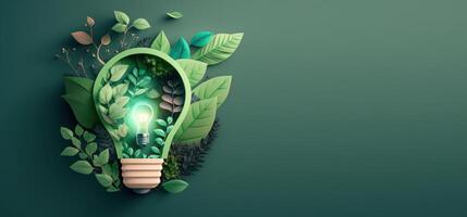 Paper cut of eco friendly light bulb banner with copy space, Renewable and sustainable energy. photo