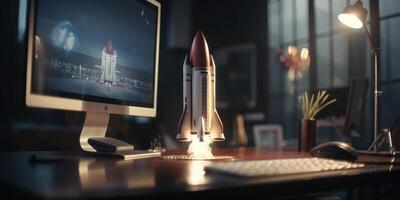 Business start up concept with rocket launching in workplace. photo