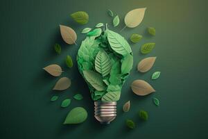 Paper cut of eco friendly light bulb with green leaves, Renewable and sustainable energy concept. photo
