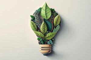 Paper cut of eco friendly light bulb with green leaves, Renewable and sustainable energy concept. photo