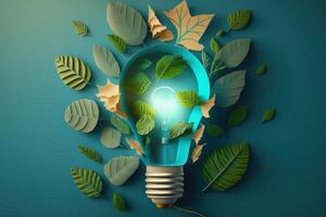 Paper cut of eco friendly light bulb with green leaves, Renewable and sustainable energy concept. photo