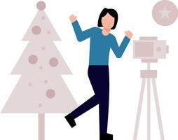 The girl is making a video on Christmas. vector