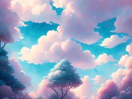 encantador anime nubes antecedentes con árbol y pastel color. generativo ai foto