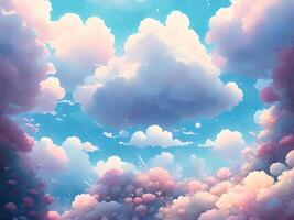 Adorable anime clouds dreamy background with pastel flowers color. photo