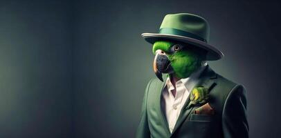 Green parrot gentleman and boss in a hat, suit and tie. Banner header. . photo