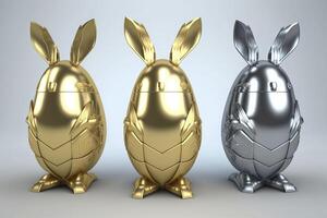 Easter bunnies egg robots made of shiny metal. AI generated. photo
