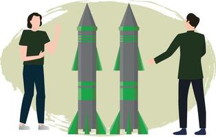 Boy and girl looking at missile. vector