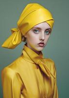 ai generado mujer con amarillo turbante y vestir foto