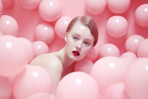 ai generado mujer con rosado globos en futurista estilo foto