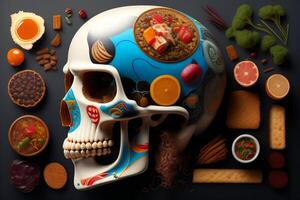 the anatomy of a zoombie head made of junk food. photo