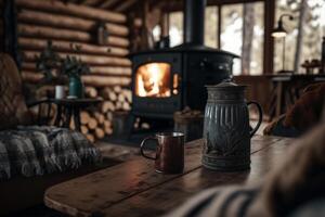 Cozy living room with a fireplace and a cup of hot drink. photo