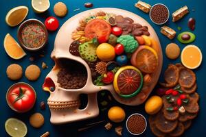 the anatomy of a zoombie head made of junk food. photo