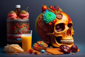 the anatomy of a zoombie head made of junk food. photo