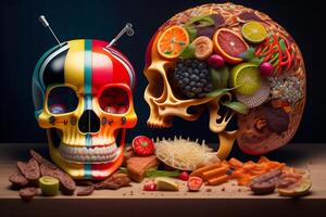 the anatomy of a zoombie head made of junk food. photo