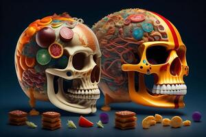 the anatomy of a zoombie head made of junk food. photo