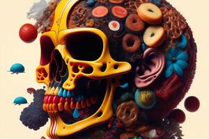 the anatomy of a zoombie head made of junk food. photo