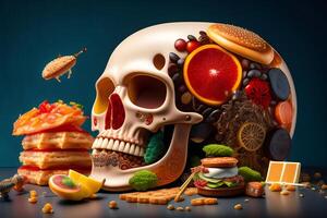 the anatomy of a zoombie head made of junk food. photo