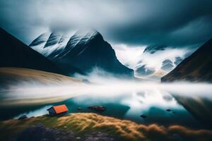 Beautiful landscape with mountains and lake at sunset. photo