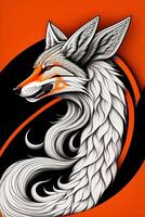 Illustration of a fox head with an orange and black background. photo