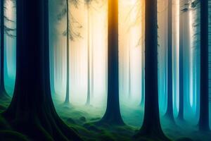 Fantasy landscape with foggy trees and rays of light. photo