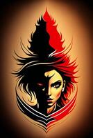 Illustration of a beautiful woman with fire in her hair on a dark background. photo