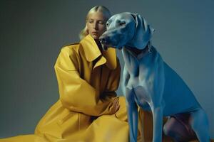 woman with Weimaraner dog in futuristic style photo