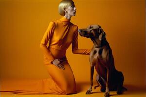 woman with Weimaraner dog in futuristic style photo