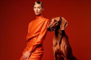 woman with Weimaraner dog in futuristic style photo