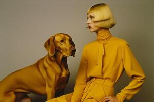 woman with Weimaraner dog in futuristic style photo