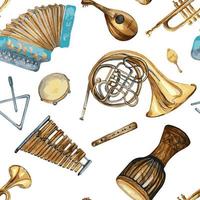 Musical instruments seamless pattern watercolor isolated on white. vector