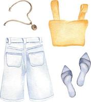 Set of woman's summer clothes watercolor illustration isolated on white. Woman's stylish outfit of top, jeans shorts, shoes hand drawn. Design for shop, sale, magazine, packaging, showcase, pattern vector