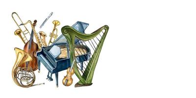 Composition of grand piano, harp, contrabass musical instruments watercolor illustration isolated. vector