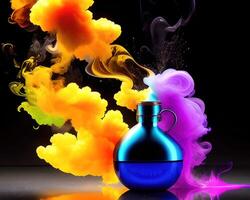 a flask filled with liquid and colored smoke by photo